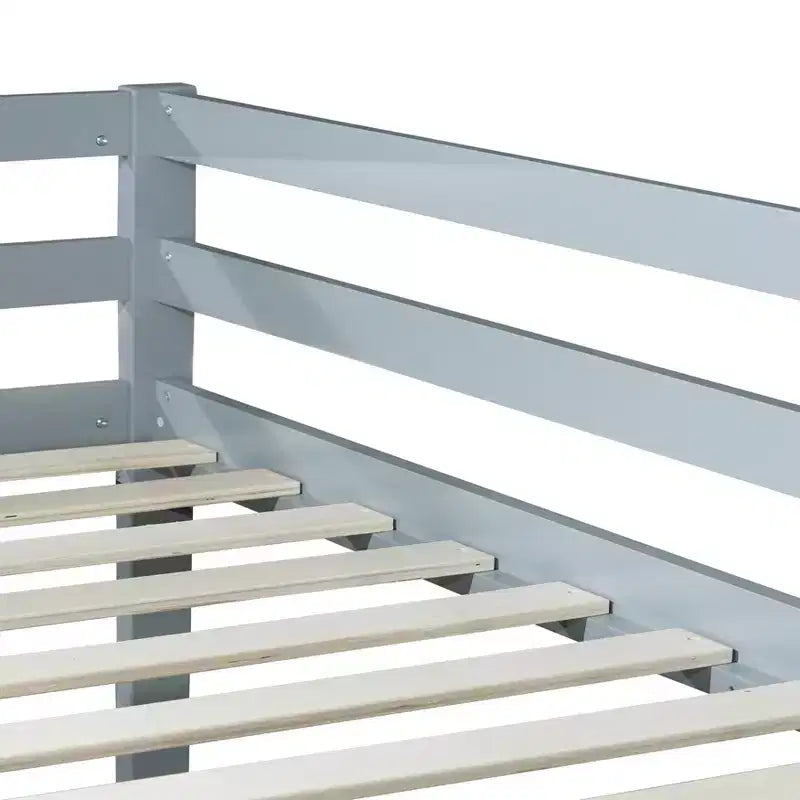 MATEERTY Solid Wooden, Twin Floor Bunk Bed wit Ladder, Upper and Bottom Bed Platforms Crafted with Stregthened Slats Gray