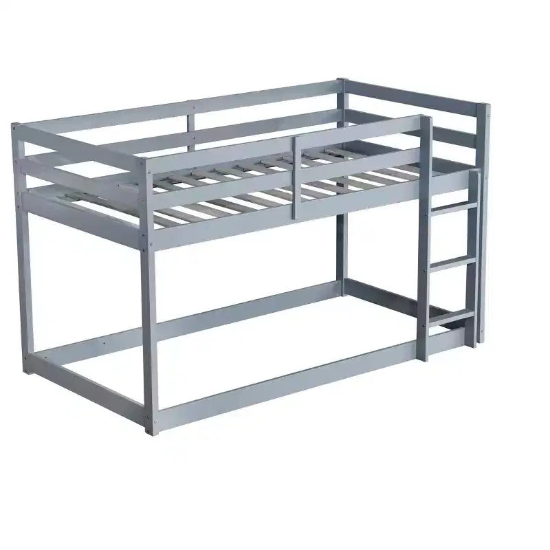 MATEERTY Solid Wooden, Twin Floor Bunk Bed wit Ladder, Upper and Bottom Bed Platforms Crafted with Stregthened Slats Gray