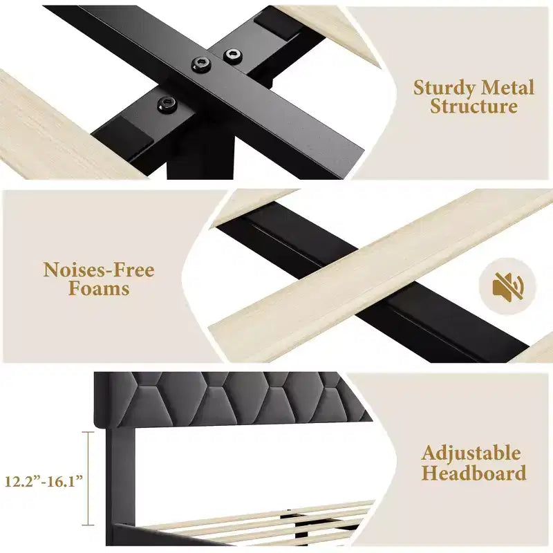 Upholstered Bed Frame, with Height Adjustable Diamond Pattern Headboard, Strong Wood Slat Support, Noise Free, Easy Assembly