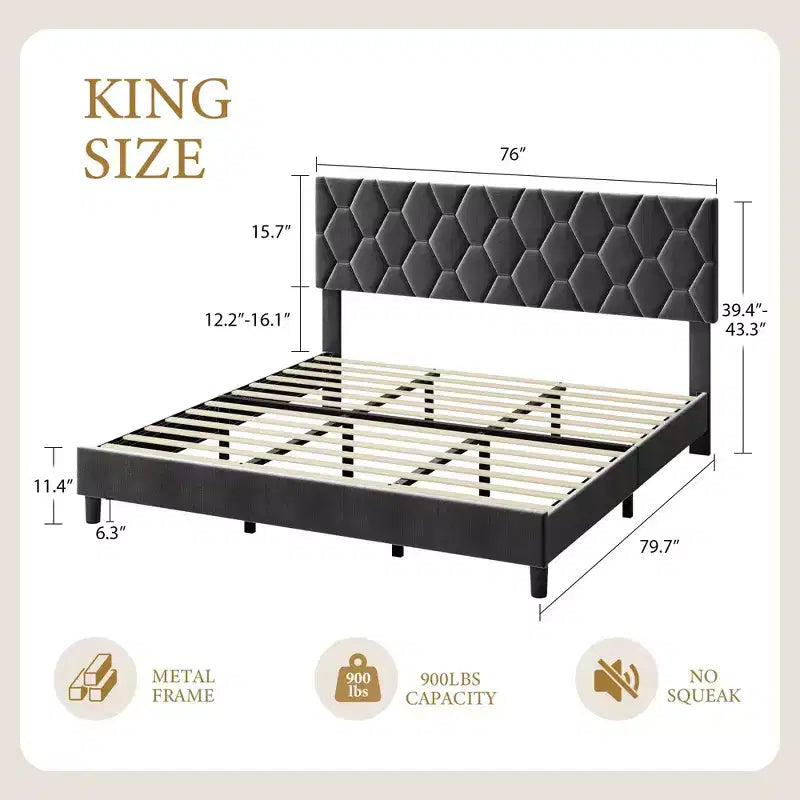 Upholstered Bed Frame, with Height Adjustable Diamond Pattern Headboard, Strong Wood Slat Support, Noise Free, Easy Assembly