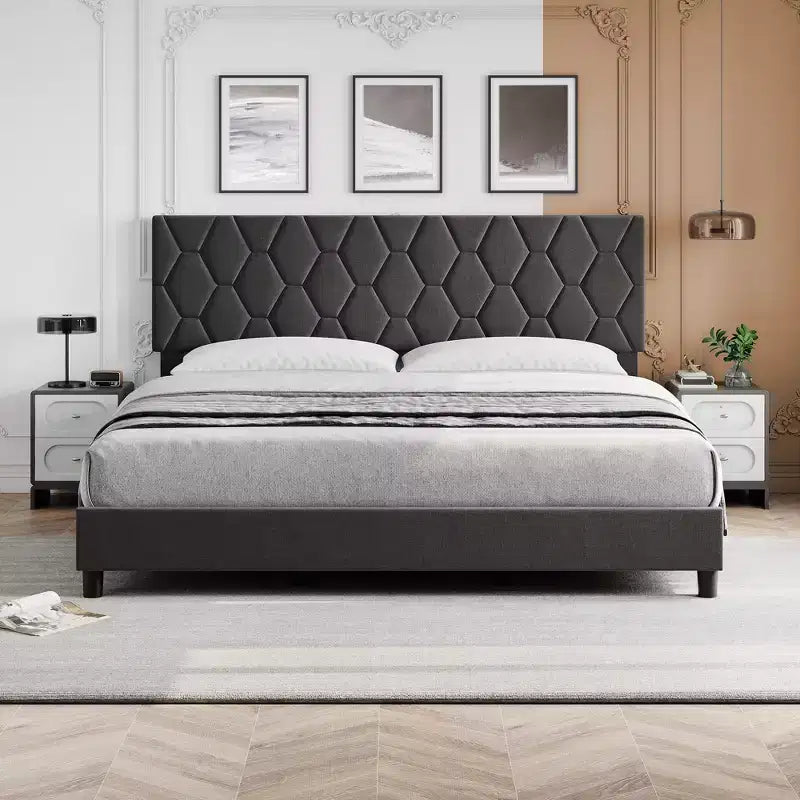 Upholstered Bed Frame, with Height Adjustable Diamond Pattern Headboard, Strong Wood Slat Support, Noise Free, Easy Assembly
