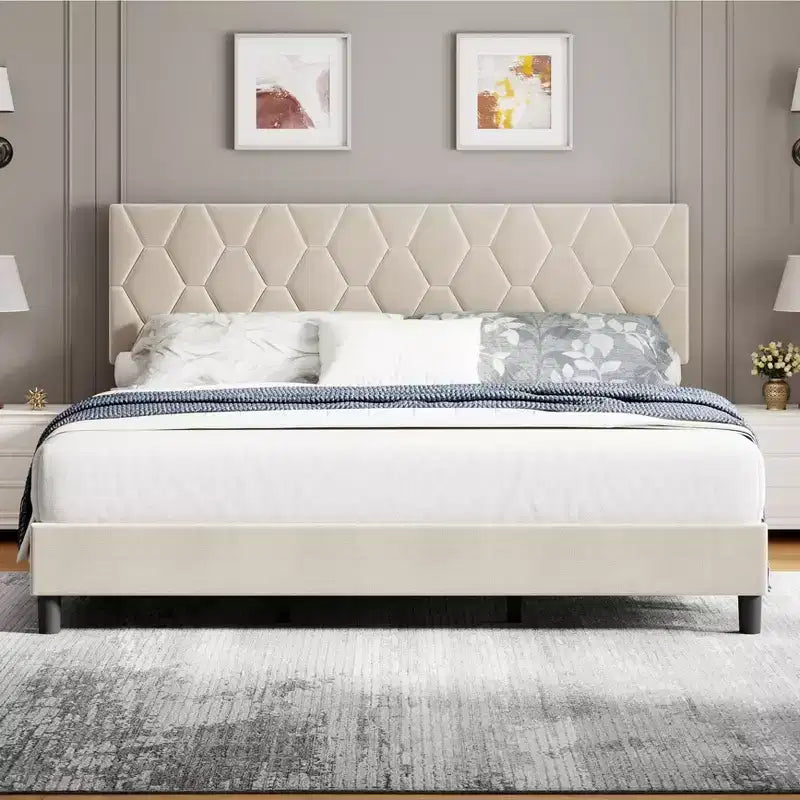 Upholstered Bed Frame, with Height Adjustable Diamond Pattern Headboard, Strong Wood Slat Support, Noise Free, Easy Assembly