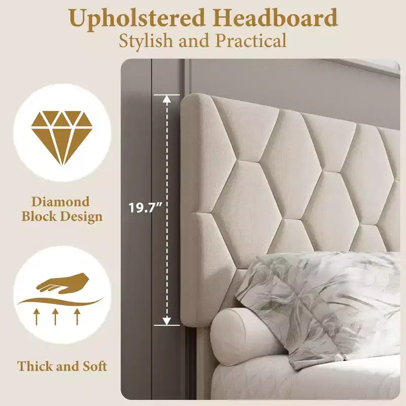 Upholstered Bed Frame, with Height Adjustable Diamond Pattern Headboard, Strong Wood Slat Support, Noise Free, Easy Assembly