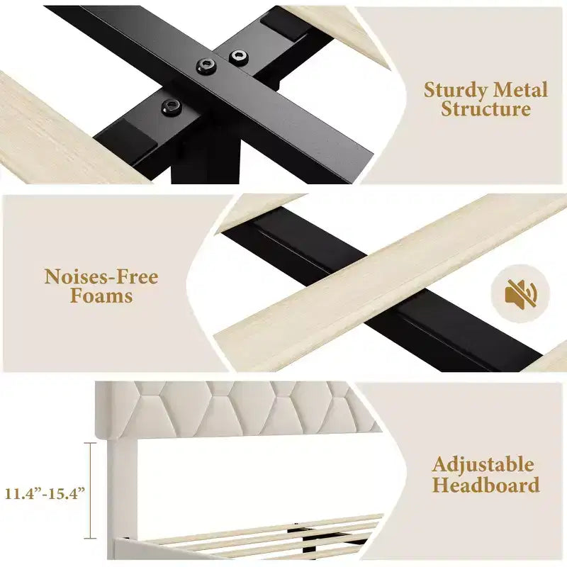 Upholstered Bed Frame, with Height Adjustable Diamond Pattern Headboard, Strong Wood Slat Support, Noise Free, Easy Assembly
