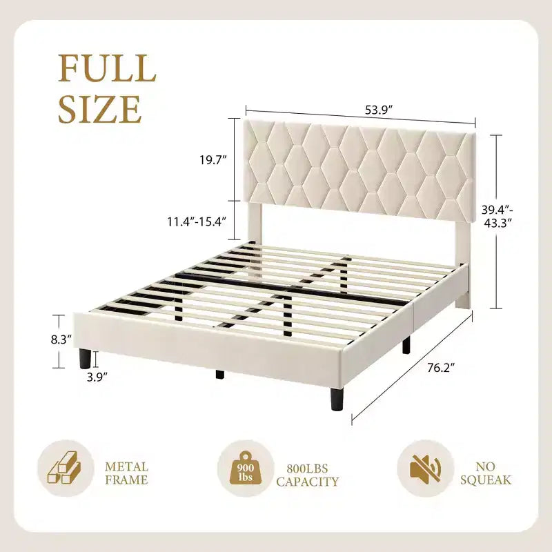 Upholstered Bed Frame, with Height Adjustable Diamond Pattern Headboard, Strong Wood Slat Support, Noise Free, Easy Assembly