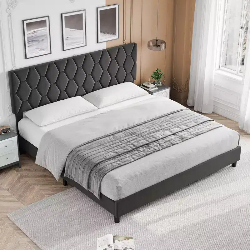 Upholstered Bed Frame, with Height Adjustable Diamond Pattern Headboard, Strong Wood Slat Support, Noise Free, Easy Assembly