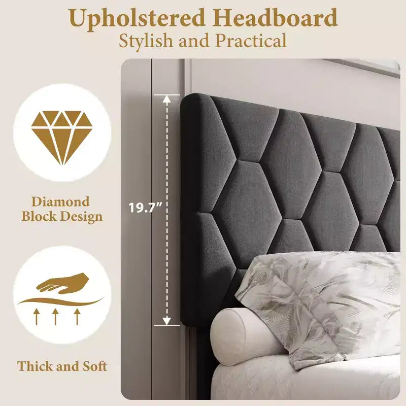 Upholstered Bed Frame, with Height Adjustable Diamond Pattern Headboard, Strong Wood Slat Support, Noise Free, Easy Assembly
