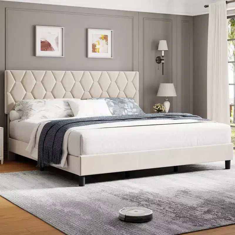 Upholstered Bed Frame, with Height Adjustable Diamond Pattern Headboard, Strong Wood Slat Support, Noise Free, Easy Assembly