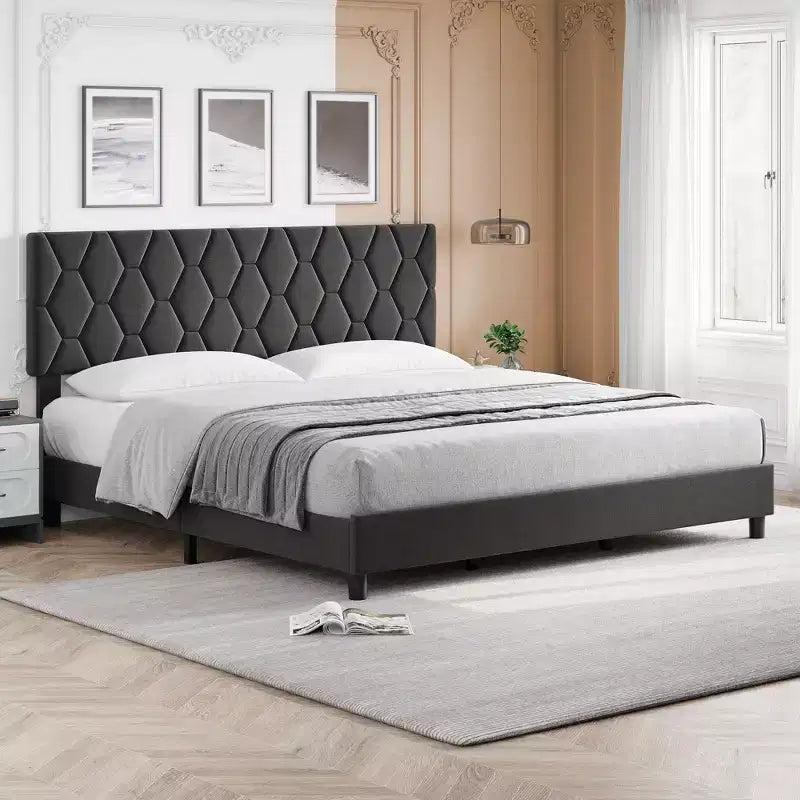 Upholstered Bed Frame, with Height Adjustable Diamond Pattern Headboard, Strong Wood Slat Support, Noise Free, Easy Assembly