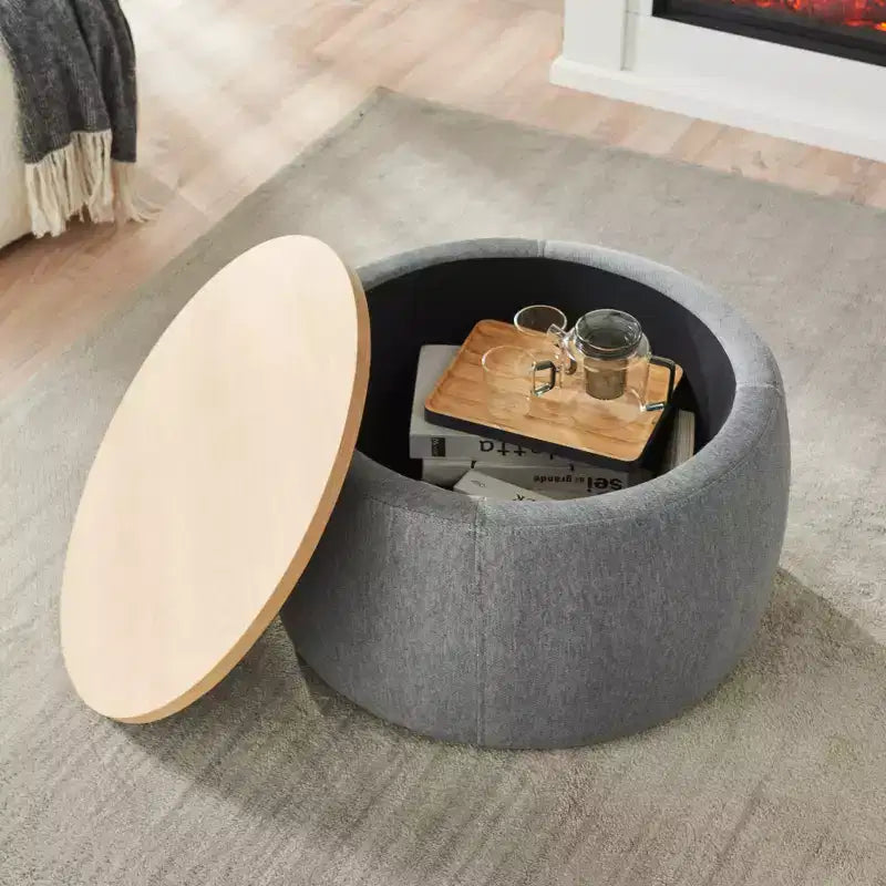 Zeus & Ruta 2-in-1 Round Storage Ottoman, Work as End table 25.5 x 25.5 x 14.5