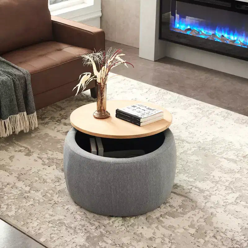 Zeus & Ruta 2-in-1 Round Storage Ottoman, Work as End table 25.5 x 25.5 x 14.5