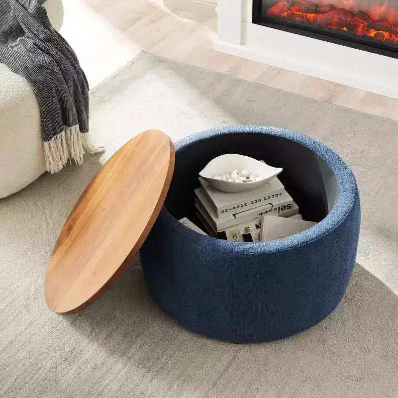 Zeus & Ruta 2-in-1 Round Storage Ottoman, Work as End table 25.5 x 25.5 x 14.5