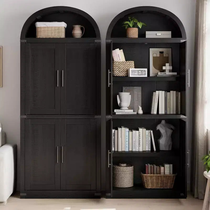 GustoWave 71.6storage Cabinet , 5 Tier Kitchen Cabinets,Large Bookshelf with Doors, Arched Bookcase with Cabinets,Black