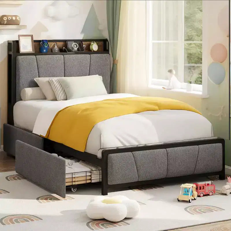 Twin/Full/Queen/King Size Upholstered Bed Frame with Storage Headboard, 2 Drawers, USB Charging Station, No Box Spring Needed, Heavy Duty, Grey