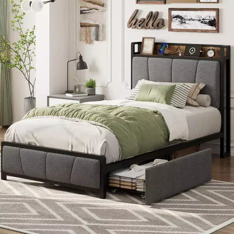 Twin/Full/Queen/King Size Upholstered Bed Frame with Storage Headboard, 2 Drawers, USB Charging Station, No Box Spring Needed, Heavy Duty, Grey
