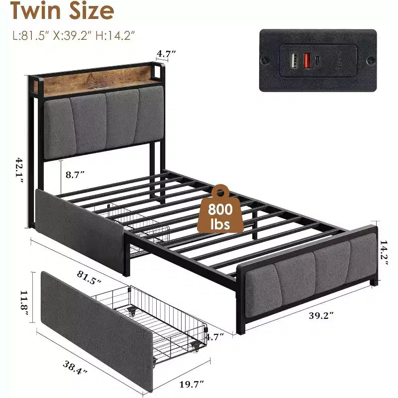 Twin/Full/Queen/King Size Upholstered Bed Frame with Storage Headboard, 2 Drawers, USB Charging Station, No Box Spring Needed, Heavy Duty, Grey