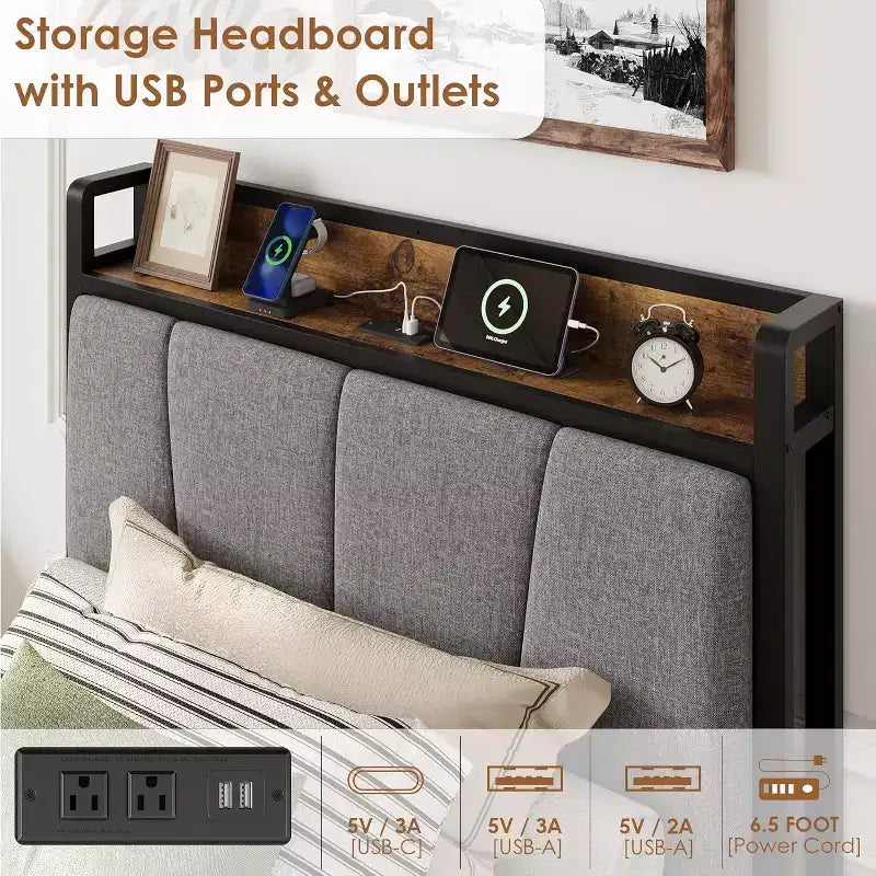 Twin/Full/Queen/King Size Upholstered Bed Frame with Storage Headboard, 2 Drawers, USB Charging Station, No Box Spring Needed, Heavy Duty, Grey
