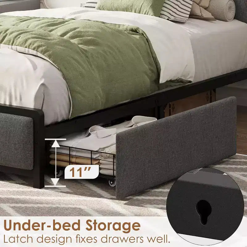 Twin/Full/Queen/King Size Upholstered Bed Frame with Storage Headboard, 2 Drawers, USB Charging Station, No Box Spring Needed, Heavy Duty, Grey