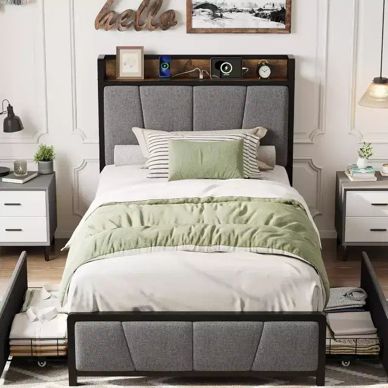 Twin/Full/Queen/King Size Upholstered Bed Frame with Storage Headboard, 2 Drawers, USB Charging Station, No Box Spring Needed, Heavy Duty, Grey