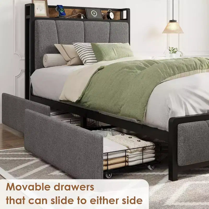 Twin/Full/Queen/King Size Upholstered Bed Frame with Storage Headboard, 2 Drawers, USB Charging Station, No Box Spring Needed, Heavy Duty, Grey
