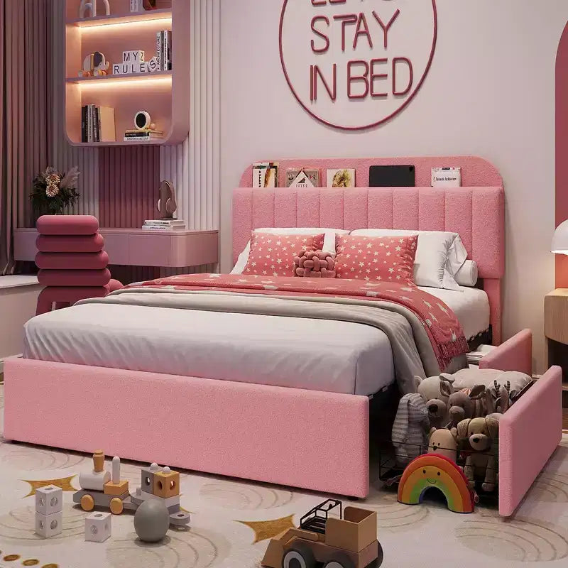 Queen Size Platform Bed Frame, Faux Fur Upholstered Bed Frame with Storage, 2 Rolling Drawers, Noise Free Bedframe with Sturdy Wooden Slats Supports