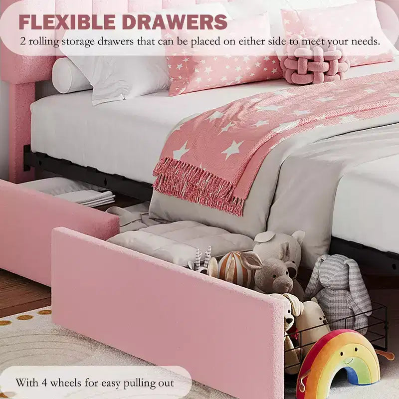 Queen Size Platform Bed Frame, Faux Fur Upholstered Bed Frame with Storage, 2 Rolling Drawers, Noise Free Bedframe with Sturdy Wooden Slats Supports
