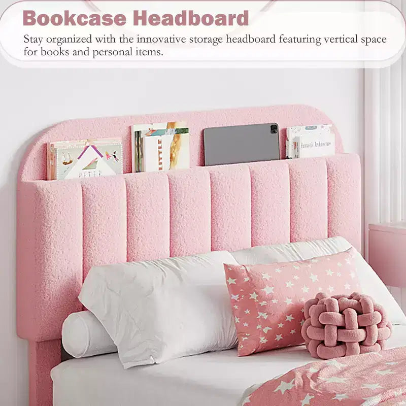 Queen Size Platform Bed Frame, Faux Fur Upholstered Bed Frame with Storage, 2 Rolling Drawers, Noise Free Bedframe with Sturdy Wooden Slats Supports