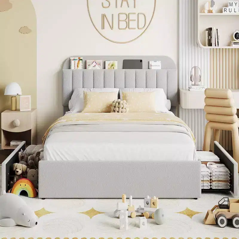 Queen Size Platform Bed Frame, Faux Fur Upholstered Bed Frame with Storage, 2 Rolling Drawers, Noise Free Bedframe with Sturdy Wooden Slats Supports