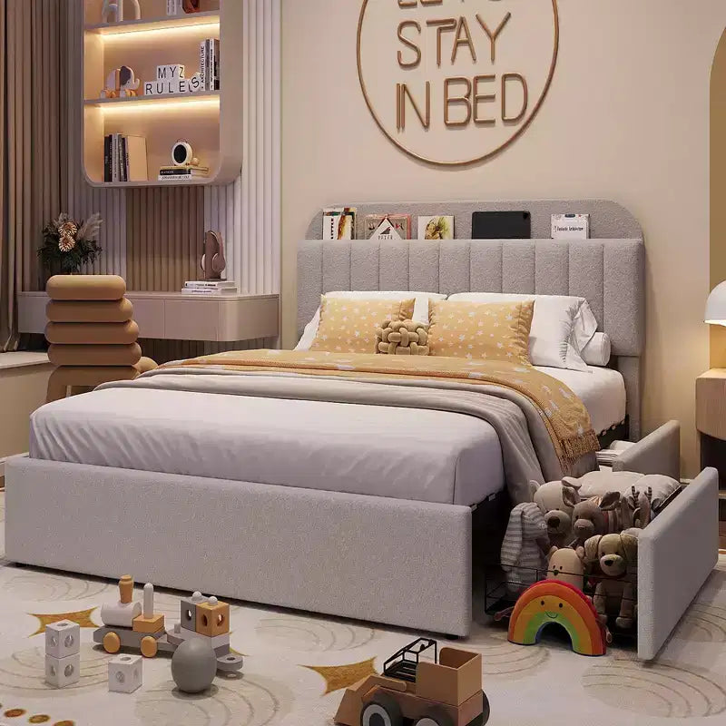 Queen Size Platform Bed Frame, Faux Fur Upholstered Bed Frame with Storage, 2 Rolling Drawers, Noise Free Bedframe with Sturdy Wooden Slats Supports