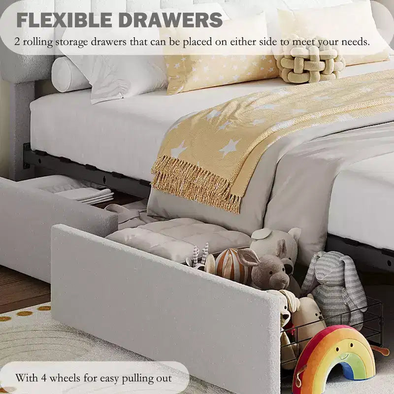 Queen Size Platform Bed Frame, Faux Fur Upholstered Bed Frame with Storage, 2 Rolling Drawers, Noise Free Bedframe with Sturdy Wooden Slats Supports