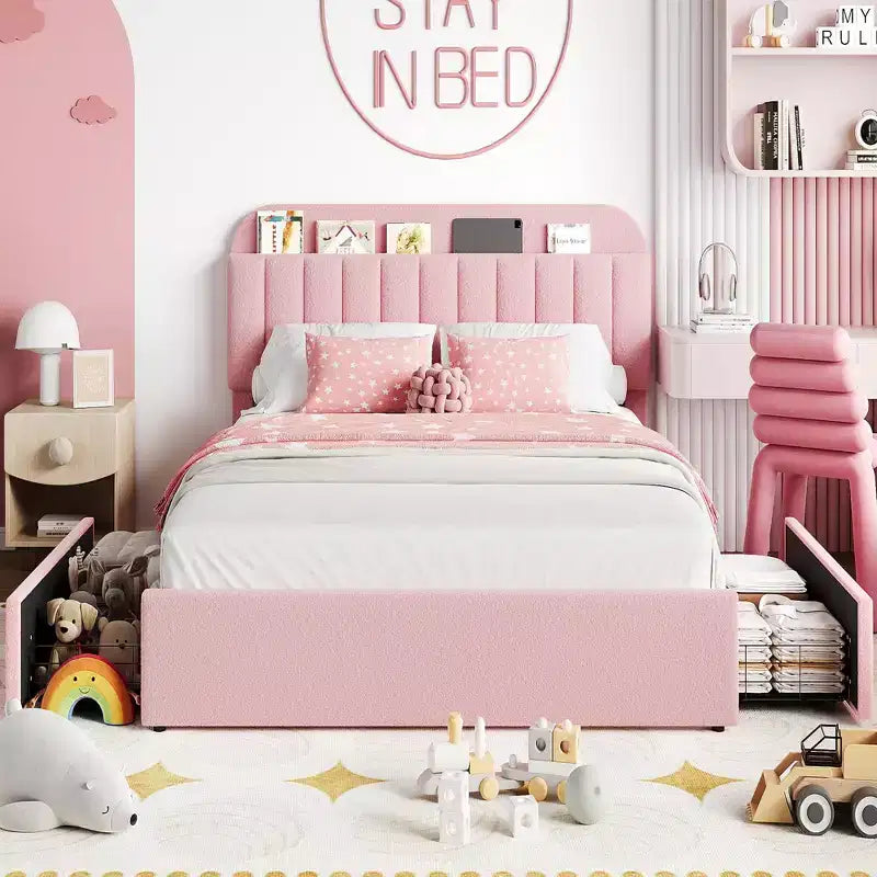 Queen Size Platform Bed Frame, Faux Fur Upholstered Bed Frame with Storage, 2 Rolling Drawers, Noise Free Bedframe with Sturdy Wooden Slats Supports
