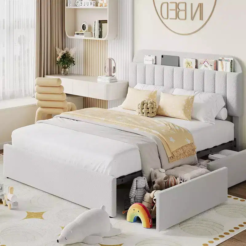 Queen Size Platform Bed Frame, Faux Fur Upholstered Bed Frame with Storage, 2 Rolling Drawers, Noise Free Bedframe with Sturdy Wooden Slats Supports