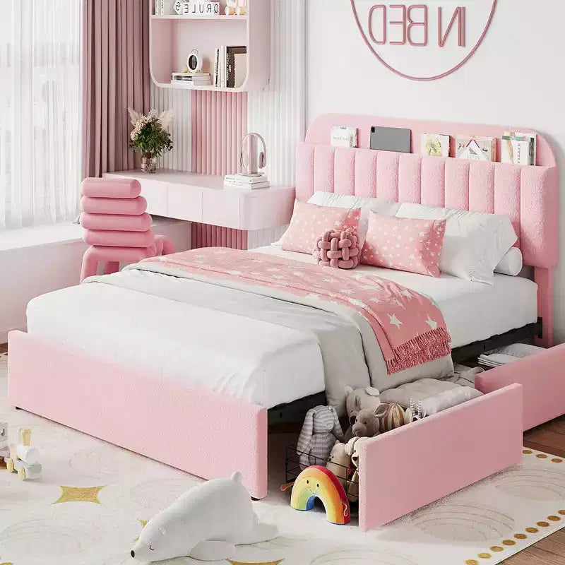 Queen Size Platform Bed Frame, Faux Fur Upholstered Bed Frame with Storage, 2 Rolling Drawers, Noise Free Bedframe with Sturdy Wooden Slats Supports