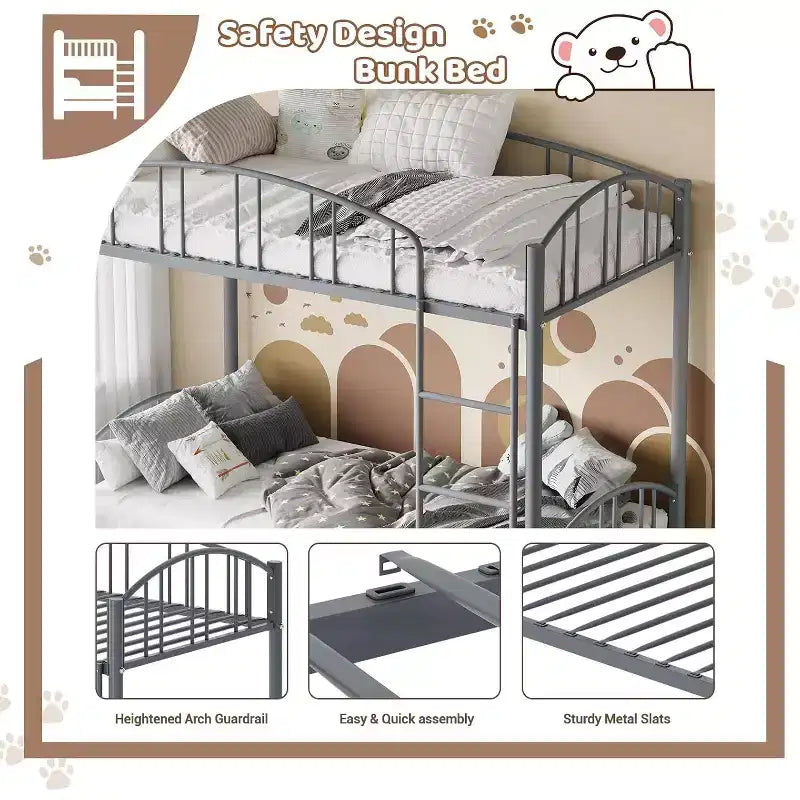 Loft Bed/Bunk Bed Twin Size with Ladde and Arched Guardrail, Heavy Duty Metal Bed Frame for Kids and Adults, Small Space Saving Design