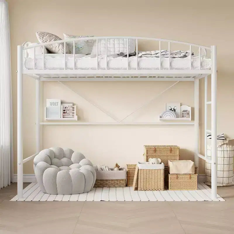 Loft Bed/Bunk Bed Twin Size with Ladde and Arched Guardrail, Heavy Duty Metal Bed Frame for Kids and Adults, Small Space Saving Design