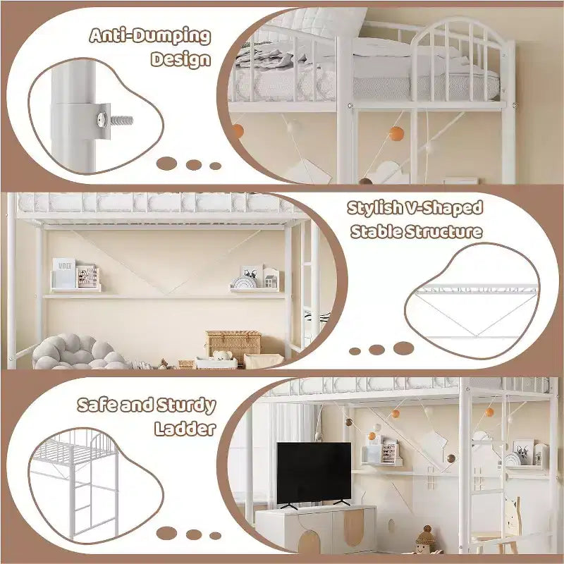 Loft Bed/Bunk Bed Twin Size with Ladde and Arched Guardrail, Heavy Duty Metal Bed Frame for Kids and Adults, Small Space Saving Design