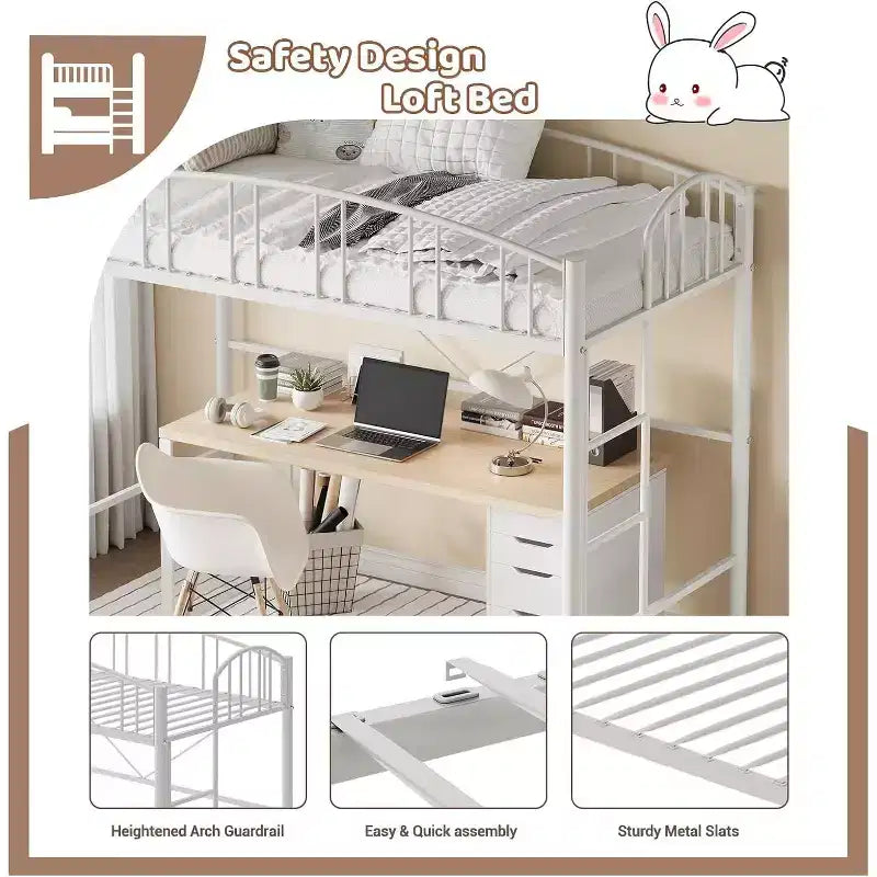 Loft Bed/Bunk Bed Twin Size with Ladde and Arched Guardrail, Heavy Duty Metal Bed Frame for Kids and Adults, Small Space Saving Design