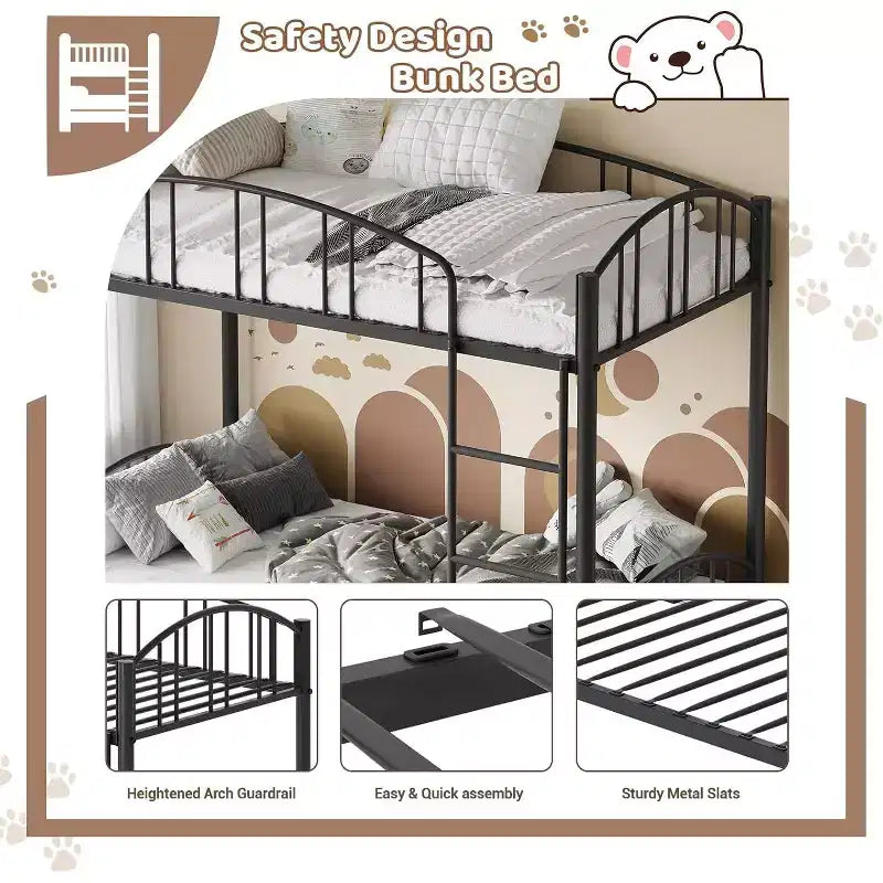 Loft Bed/Bunk Bed Twin Size with Ladde and Arched Guardrail, Heavy Duty Metal Bed Frame for Kids and Adults, Small Space Saving Design