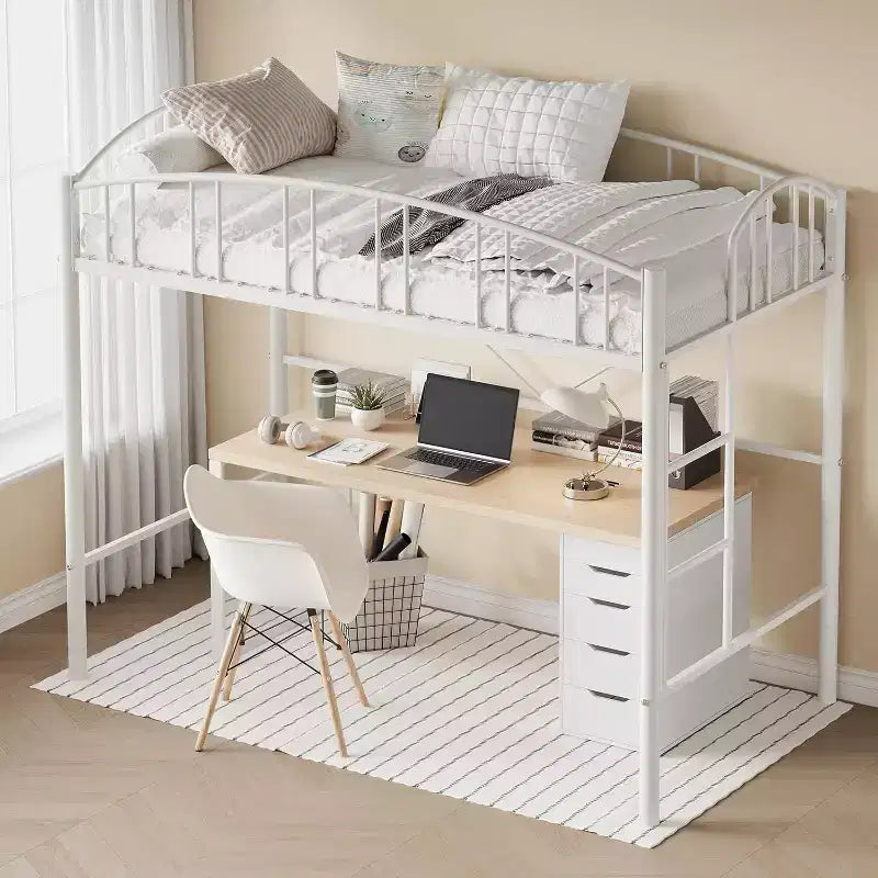 Loft Bed/Bunk Bed Twin Size with Ladde and Arched Guardrail, Heavy Duty Metal Bed Frame for Kids and Adults, Small Space Saving Design