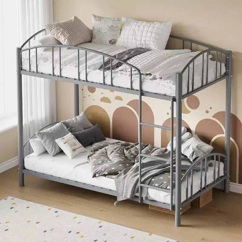 Loft Bed/Bunk Bed Twin Size with Ladde and Arched Guardrail, Heavy Duty Metal Bed Frame for Kids and Adults, Small Space Saving Design
