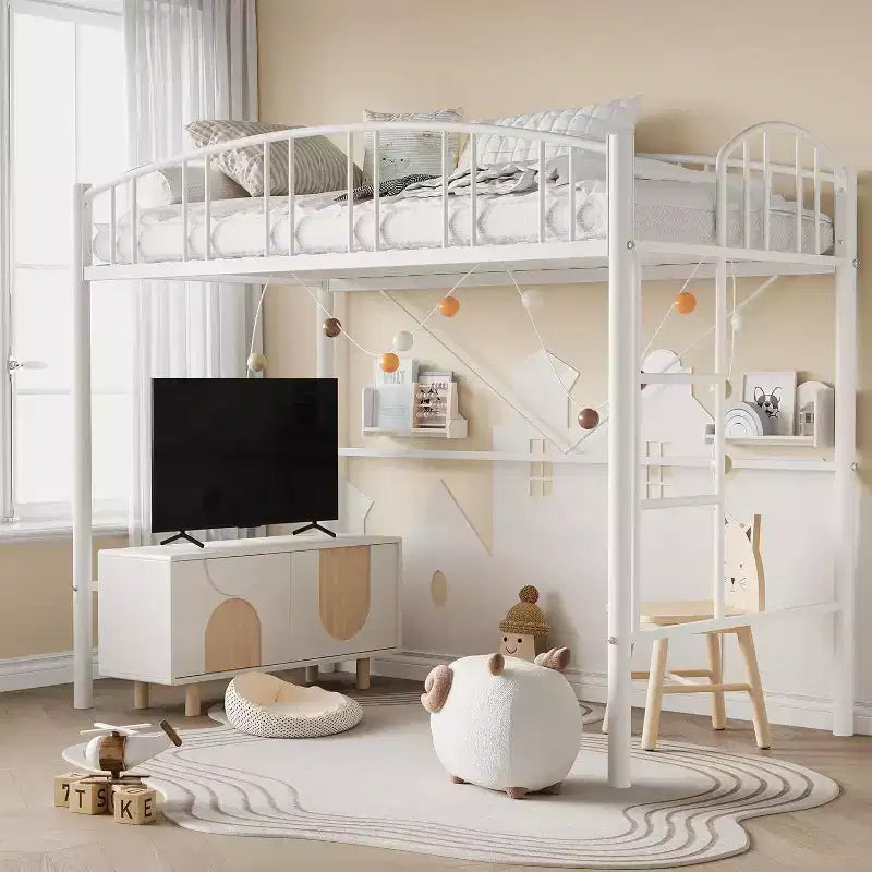 Loft Bed/Bunk Bed Twin Size with Ladde and Arched Guardrail, Heavy Duty Metal Bed Frame for Kids and Adults, Small Space Saving Design