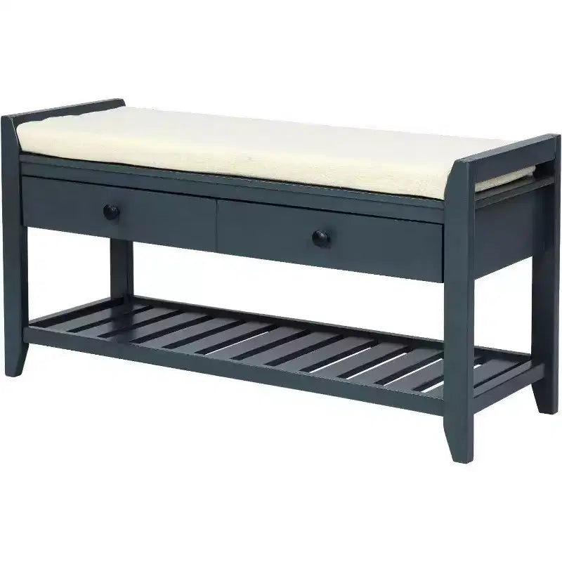 Acekool 35.4 Farmhouse Storage Bench with Cushion, 2-Tier Entryway Bench with Shelf & 2 Drawers for Bedroom, Hallway, Living Room, Antique Navy