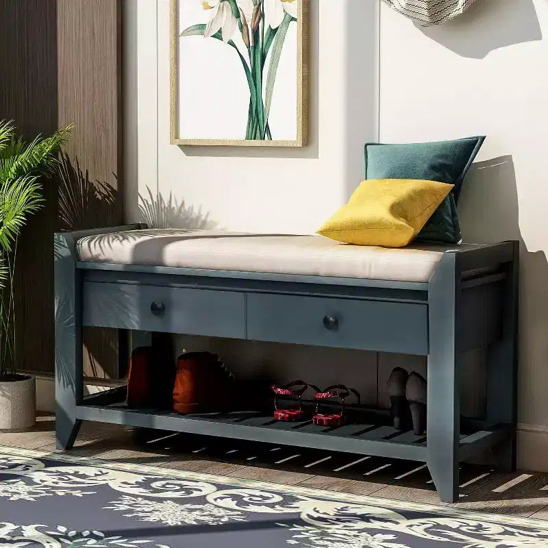 Acekool 35.4 Farmhouse Storage Bench with Cushion, 2-Tier Entryway Bench with Shelf & 2 Drawers for Bedroom, Hallway, Living Room, Antique Navy
