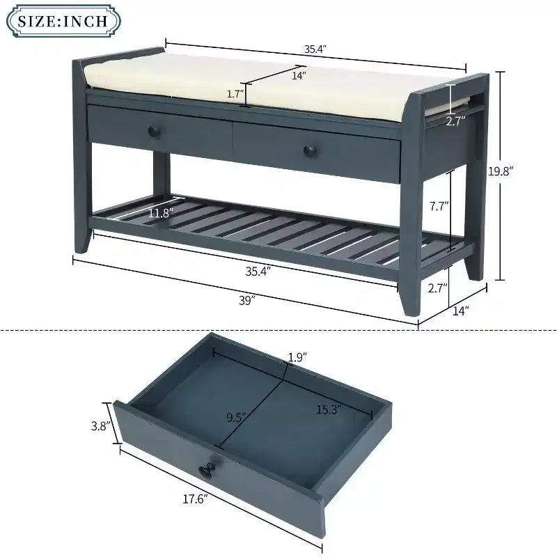 Acekool 35.4 Farmhouse Storage Bench with Cushion, 2-Tier Entryway Bench with Shelf & 2 Drawers for Bedroom, Hallway, Living Room, Antique Navy