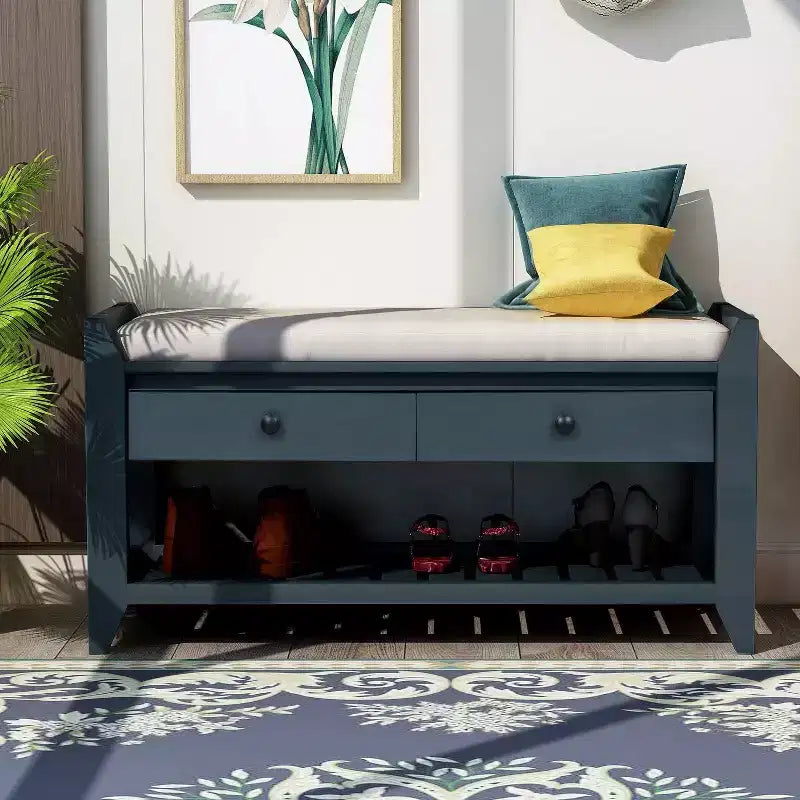 Acekool 35.4 Farmhouse Storage Bench with Cushion, 2-Tier Entryway Bench with Shelf & 2 Drawers for Bedroom, Hallway, Living Room, Antique Navy