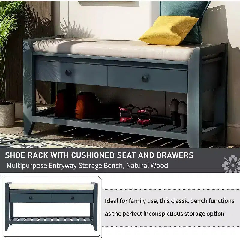 Acekool 35.4 Farmhouse Storage Bench with Cushion, 2-Tier Entryway Bench with Shelf & 2 Drawers for Bedroom, Hallway, Living Room, Antique Navy