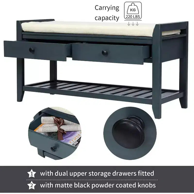 Acekool 35.4 Farmhouse Storage Bench with Cushion, 2-Tier Entryway Bench with Shelf & 2 Drawers for Bedroom, Hallway, Living Room, Antique Navy