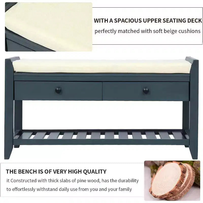 Acekool 35.4 Farmhouse Storage Bench with Cushion, 2-Tier Entryway Bench with Shelf & 2 Drawers for Bedroom, Hallway, Living Room, Antique Navy