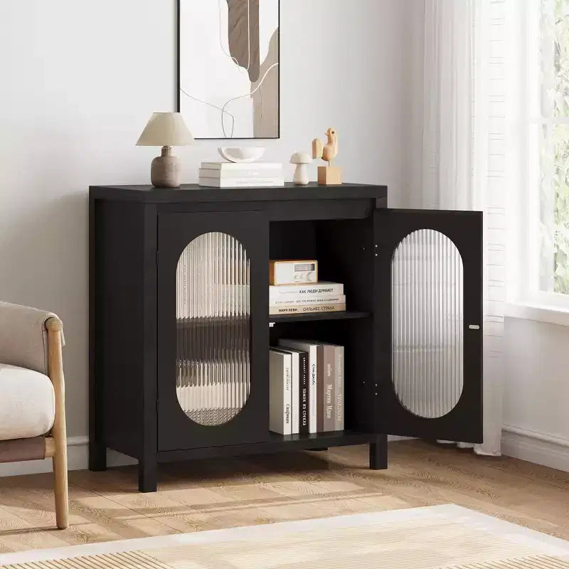 Retro Storage Cabinet, 30.1 Accent Storage Cabinet with Adjustable Shelf and Fluted Glass Doors, Console Cabinet for Kitchen & Living Room