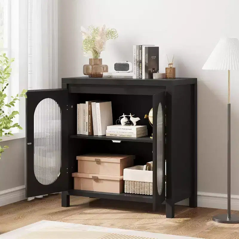 Retro Storage Cabinet, 30.1 Accent Storage Cabinet with Adjustable Shelf and Fluted Glass Doors, Console Cabinet for Kitchen & Living Room